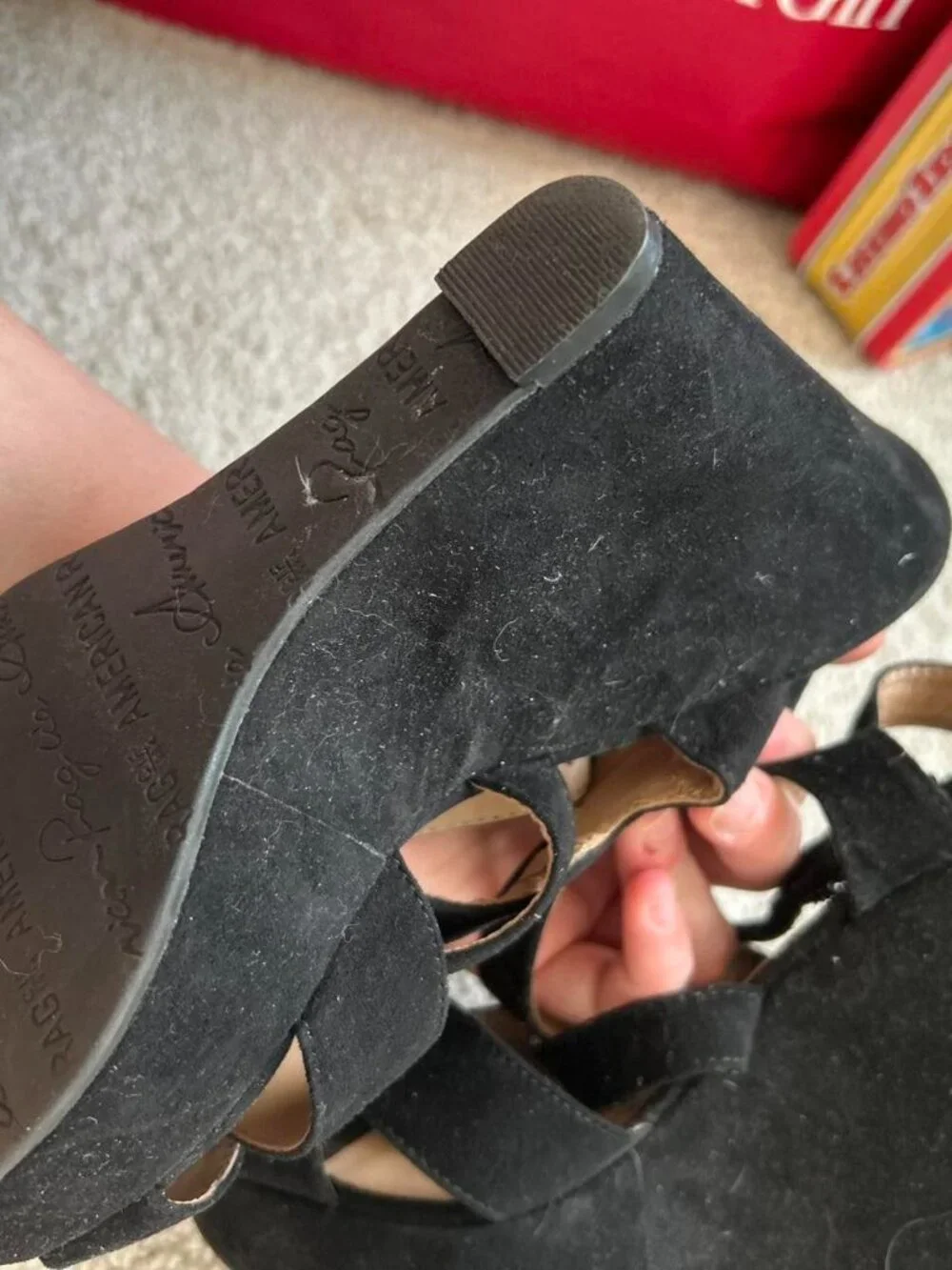 American Rag Co Suede Feel Black Wedge Heels with Criss Cross Straps sz 6